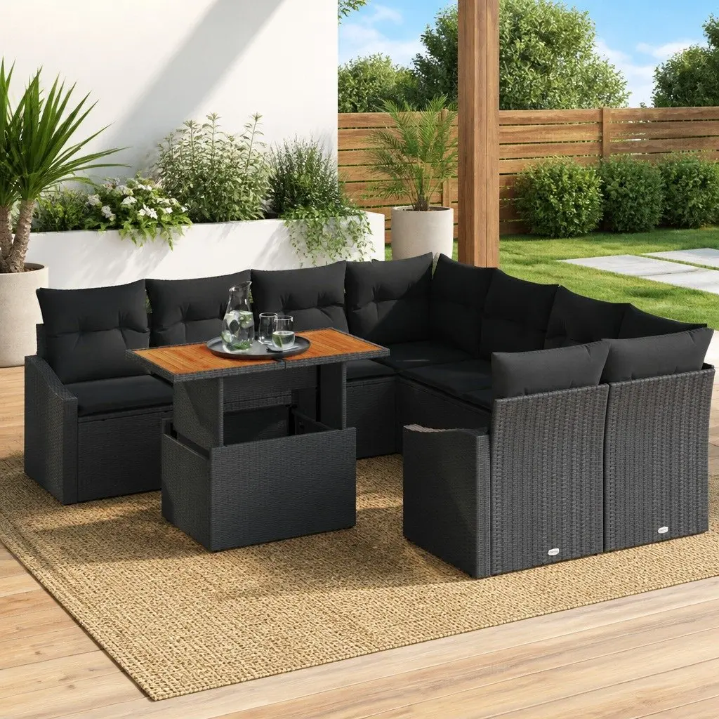 9-Piece Black Modular Outdoor Garden Sofa Set