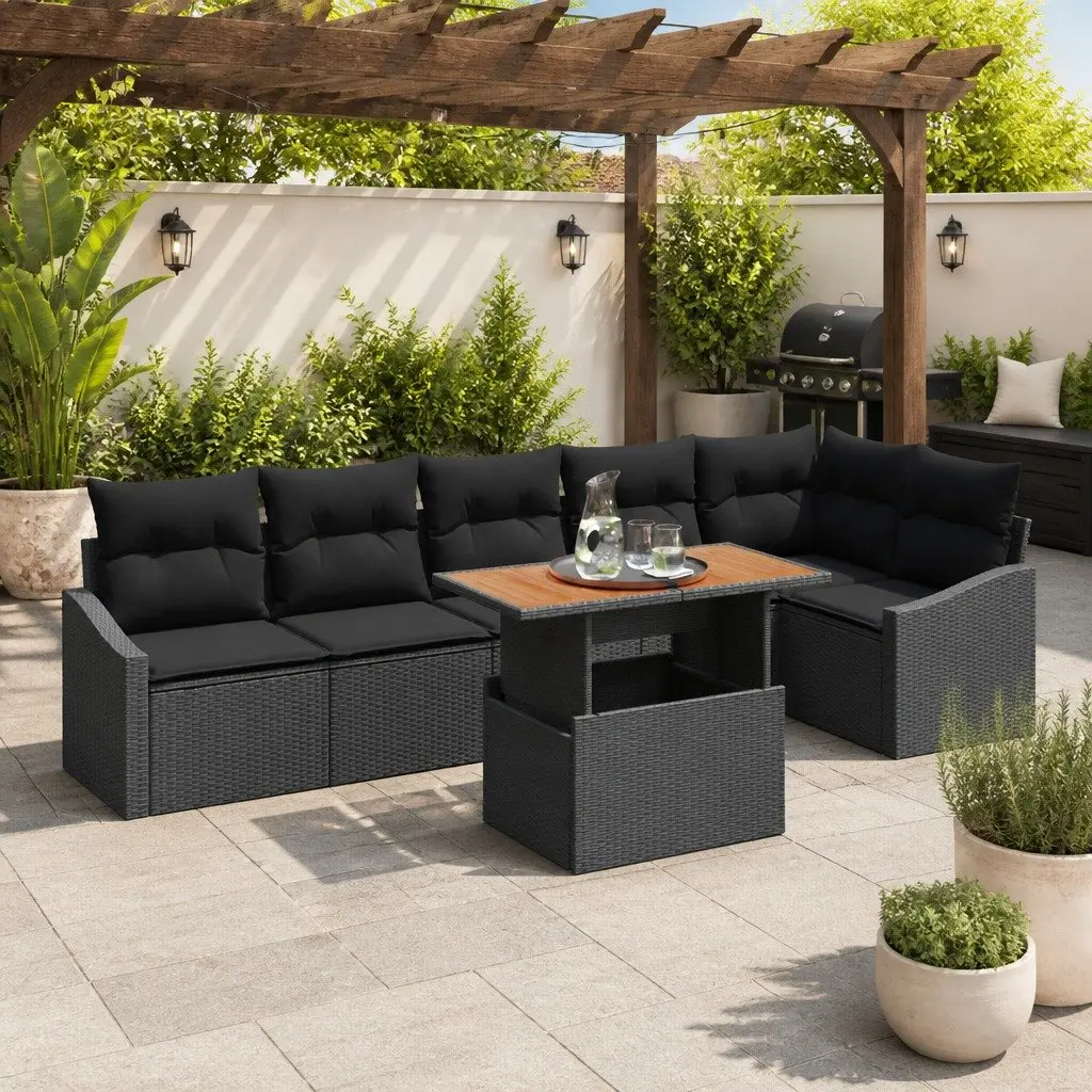 Black Modular 7-Piece Outdoor Garden Sofa Set with Storage