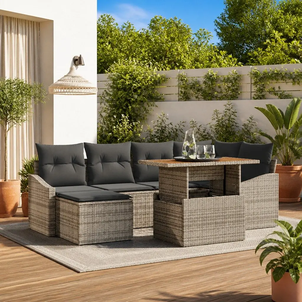 Outdoor Garden Sofa Set Poly Rattan Acacia Wood 7 Pieces Grey
