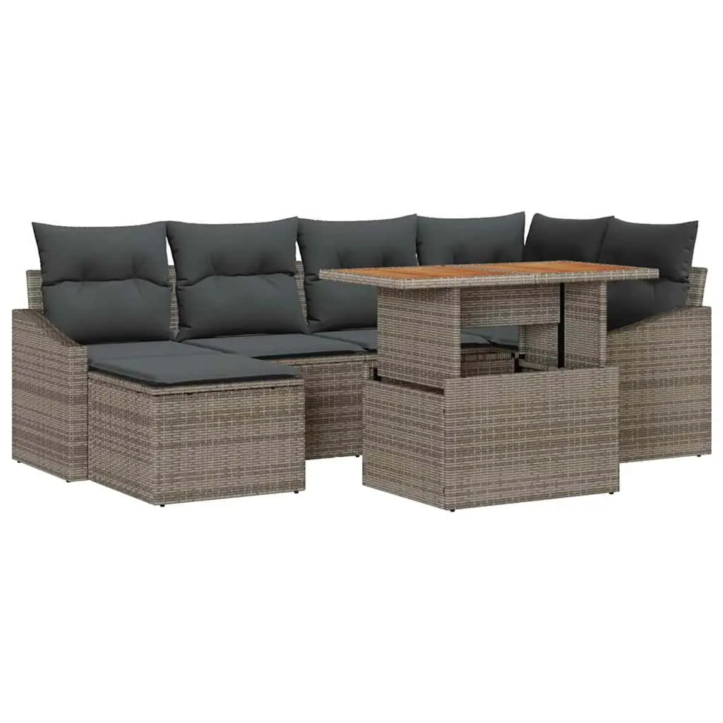 Outdoor Garden Sofa Set Poly Rattan Acacia Wood 7 Pieces Grey