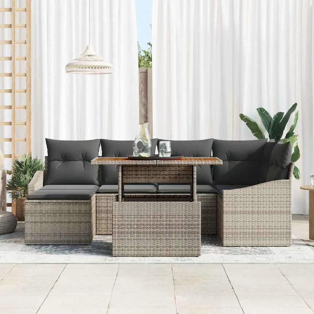 Outdoor Garden Sofa Set Poly Rattan Acacia Wood 7 Pieces Grey