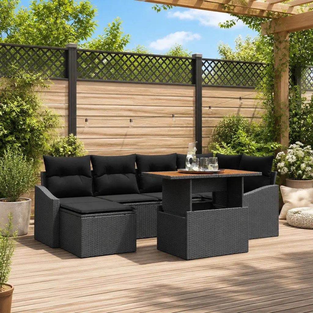 Outdoor Garden Sofa Set Poly Rattan Acacia Wood 7 Pieces Black