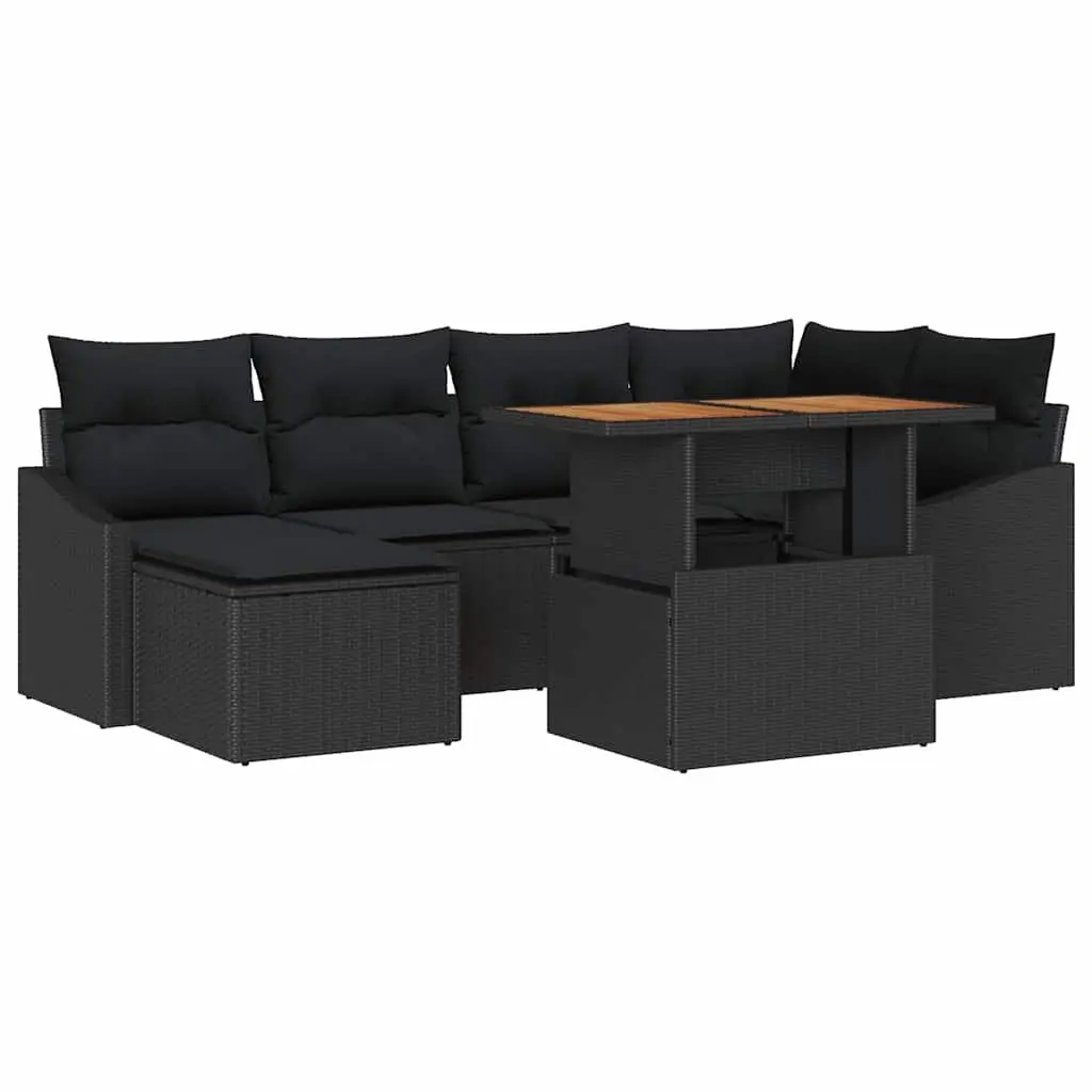 Outdoor Garden Sofa Set Poly Rattan Acacia Wood 7 Pieces Black