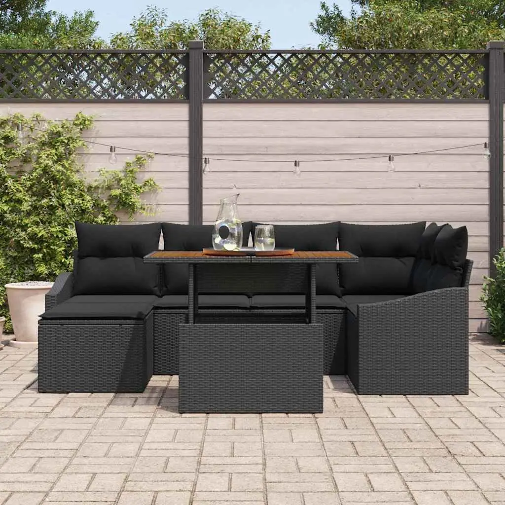 Outdoor Garden Sofa Set Poly Rattan Acacia Wood 7 Pieces Black