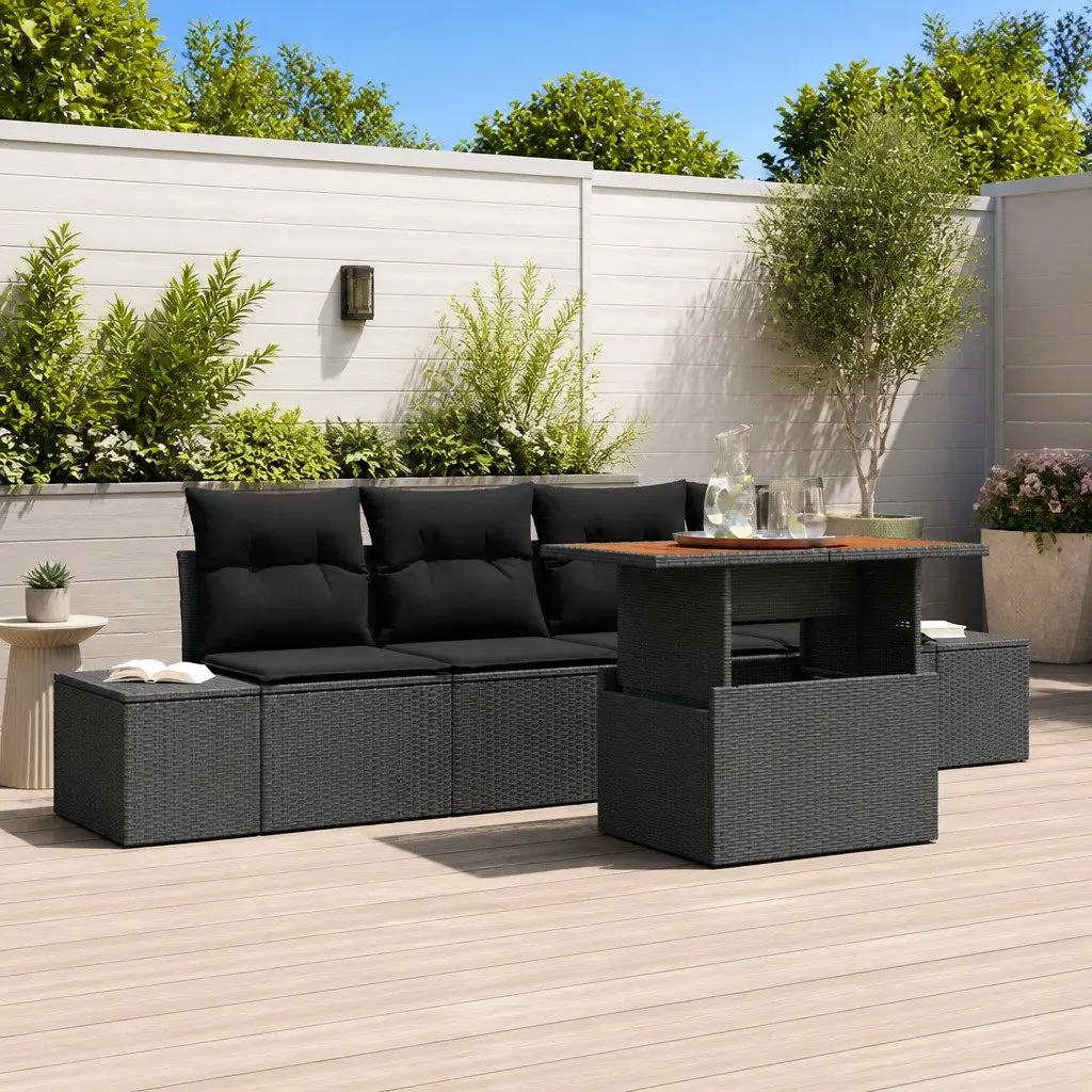 Garden Sofa Set Poly Rattan 5 Piece Outdoor Sectional Modular Black