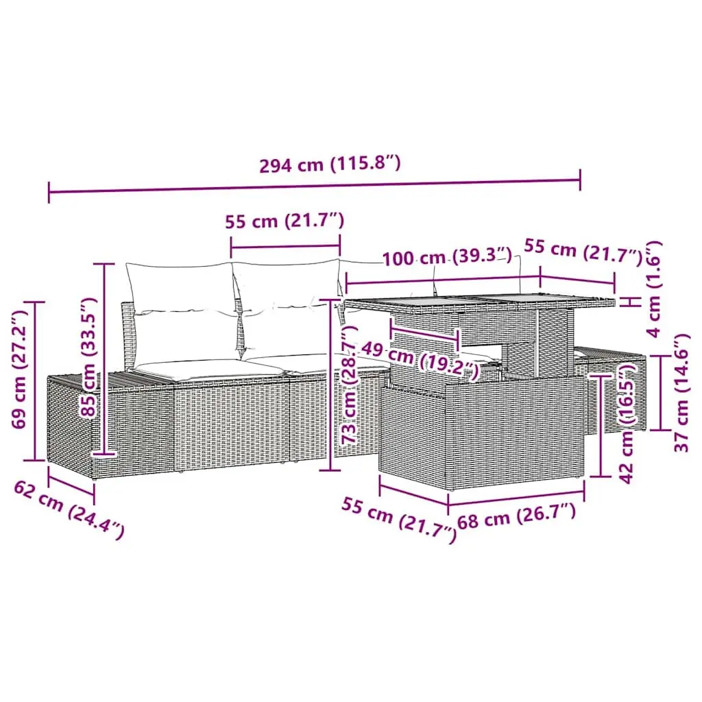 Garden Sofa Set Poly Rattan 5 Piece Outdoor Sectional Modular Black