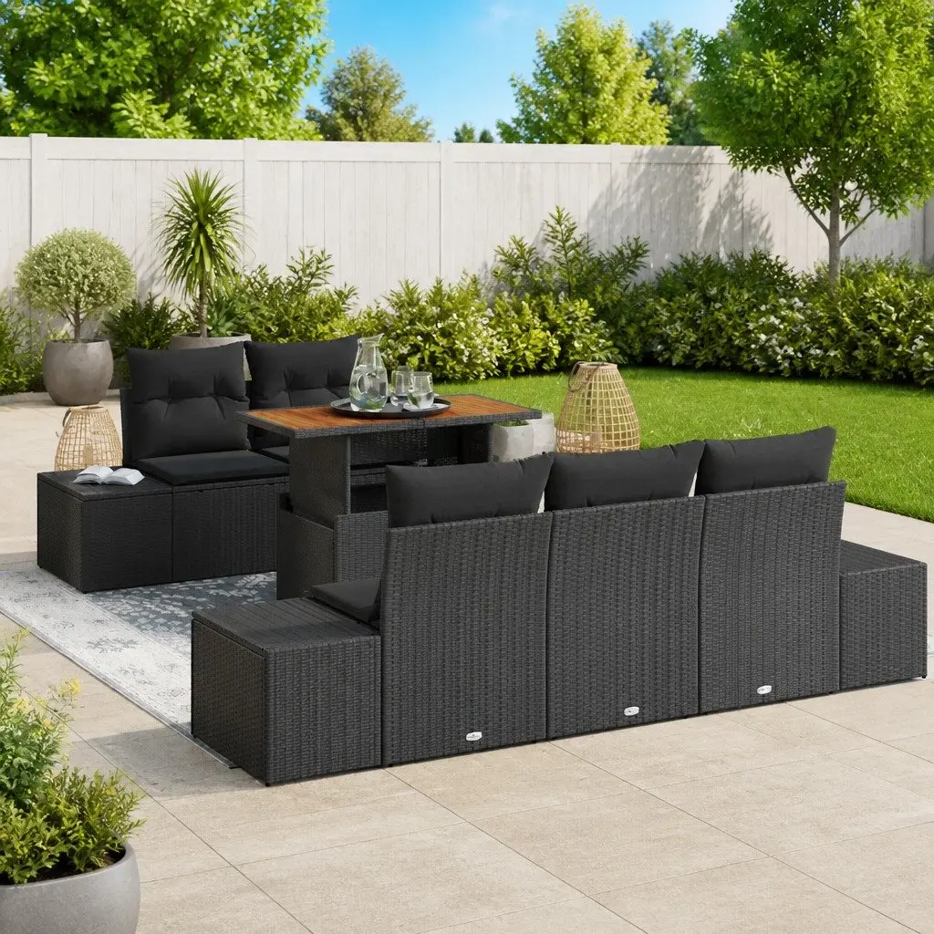 Outdoor Garden Sofa Set 6 Piece Modular Rattan Sectional Black Patio Furniture