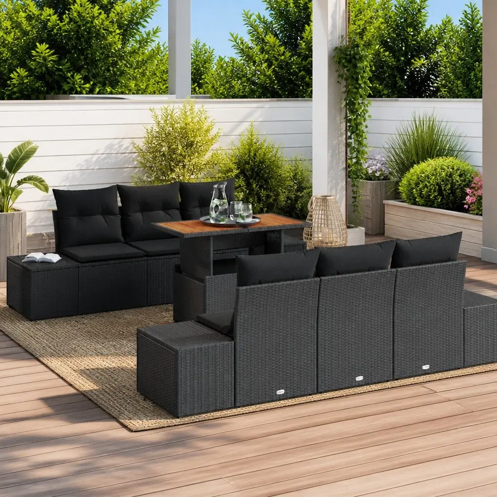 7-Piece Black Poly Rattan Outdoor Sofa Set