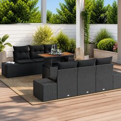 7-Piece Black Poly Rattan Outdoor Sofa Set