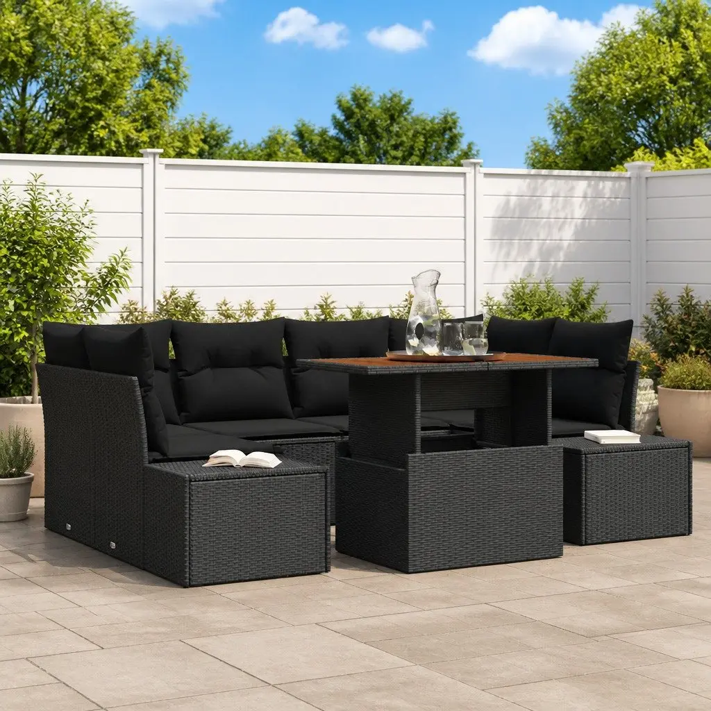 7-Piece Outdoor Garden Sofa Set Black Modular Rattan Dining Seating with Storage