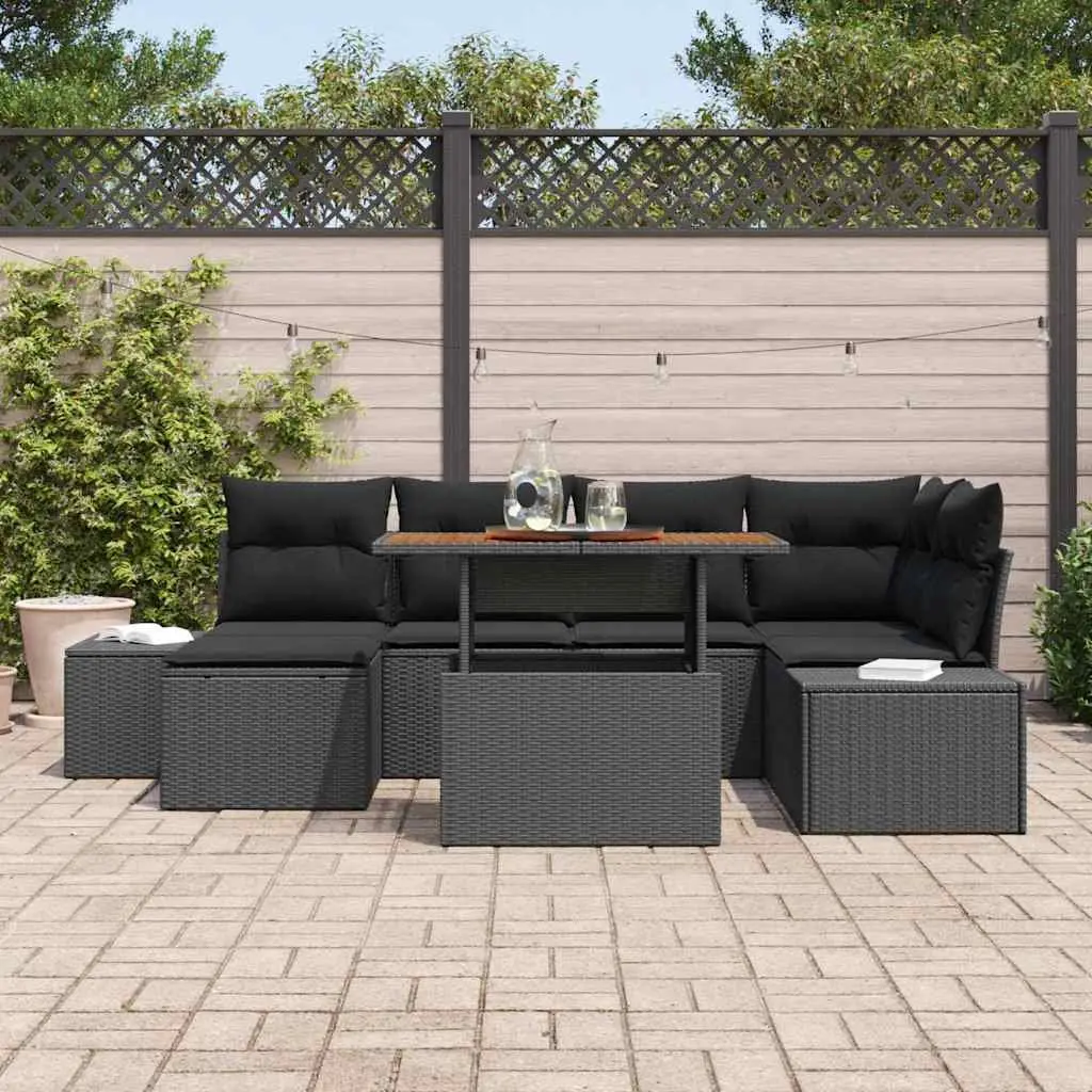 Outdoor Garden Sofa Set Poly Rattan Steel Frame Acacia Wood Black 7 Piece