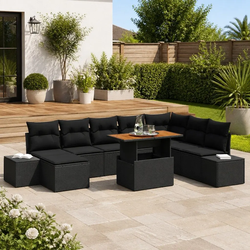 9-Piece Black Poly Rattan Garden Sofa Set with Storage
