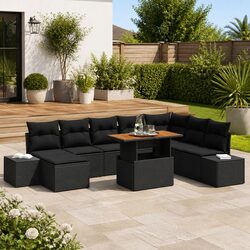 9-Piece Black Poly Rattan Garden Sofa Set with Storage
