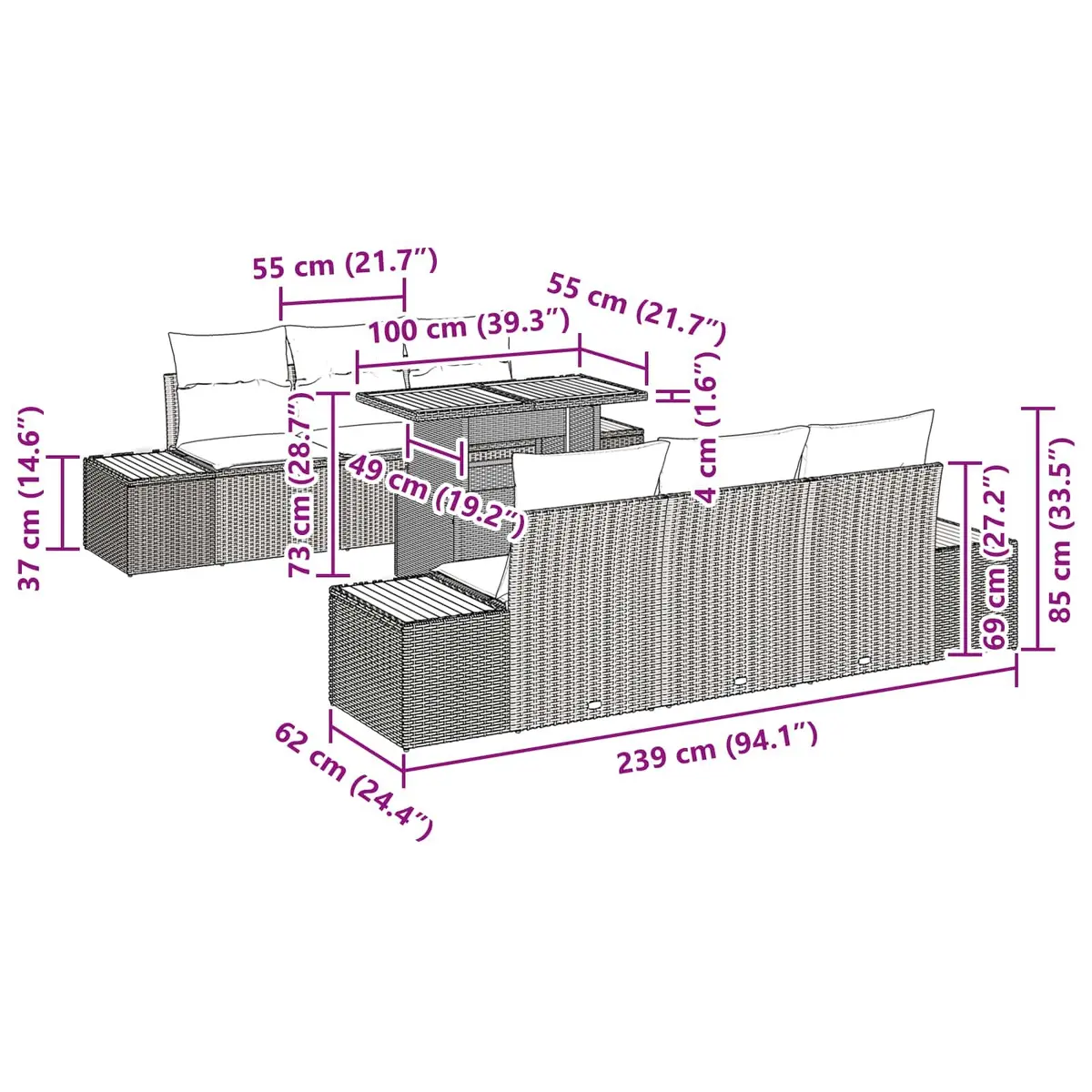 Black Poly Rattan 7-Piece Outdoor Garden Sofa Set