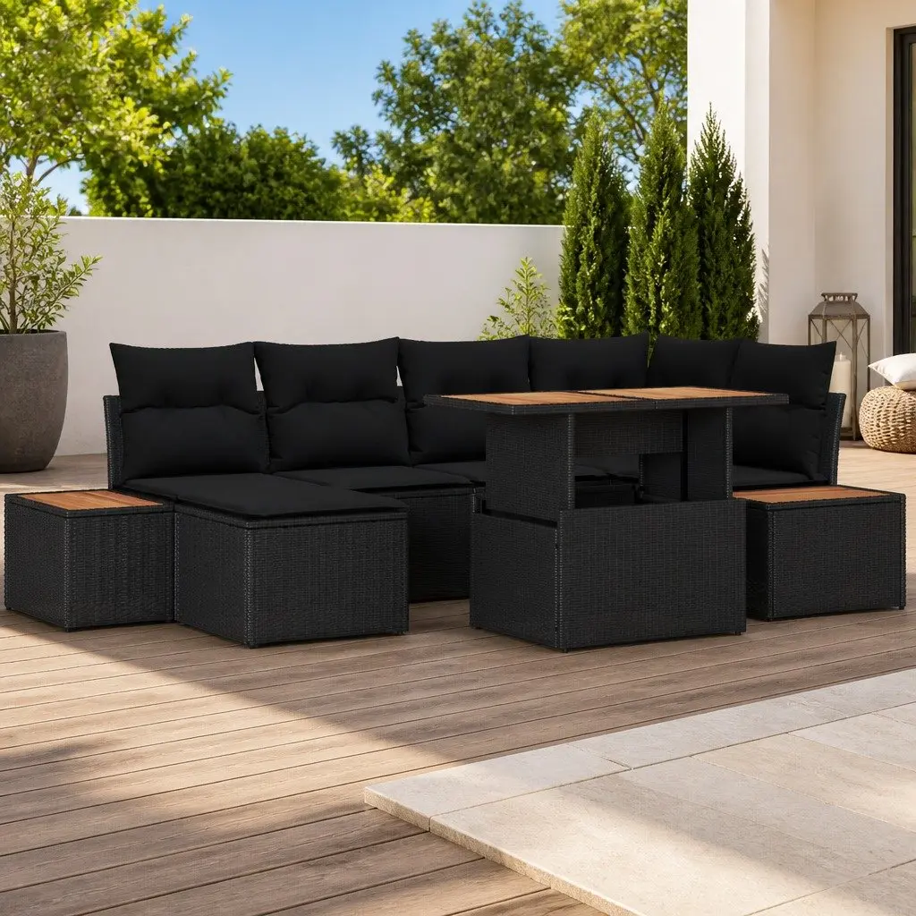 7-Piece Black Rattan Garden Sofa Set