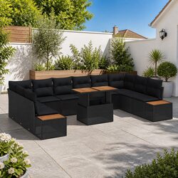 11-Piece Black Modular Rattan Garden Sofa Set