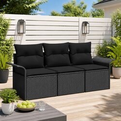 3-Piece Black Poly Rattan Garden Sofa Set with Cushions
