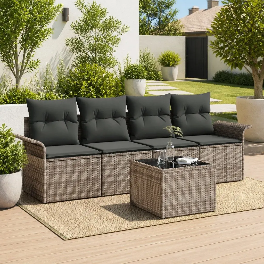 5-Piece Modular Grey Poly Rattan Garden Sofa Set