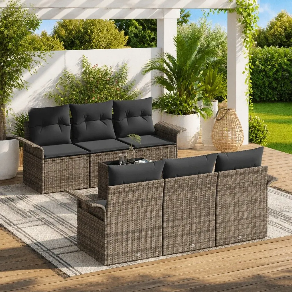 Modular Garden Sofa Set Poly Rattan Grey 7 Piece with Glass Table