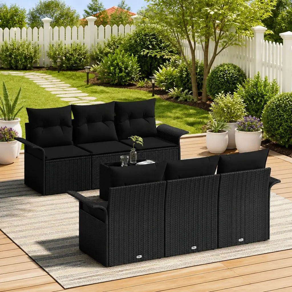 Modular Garden Sofa Set Poly Rattan Black 7 Piece with Glass Table