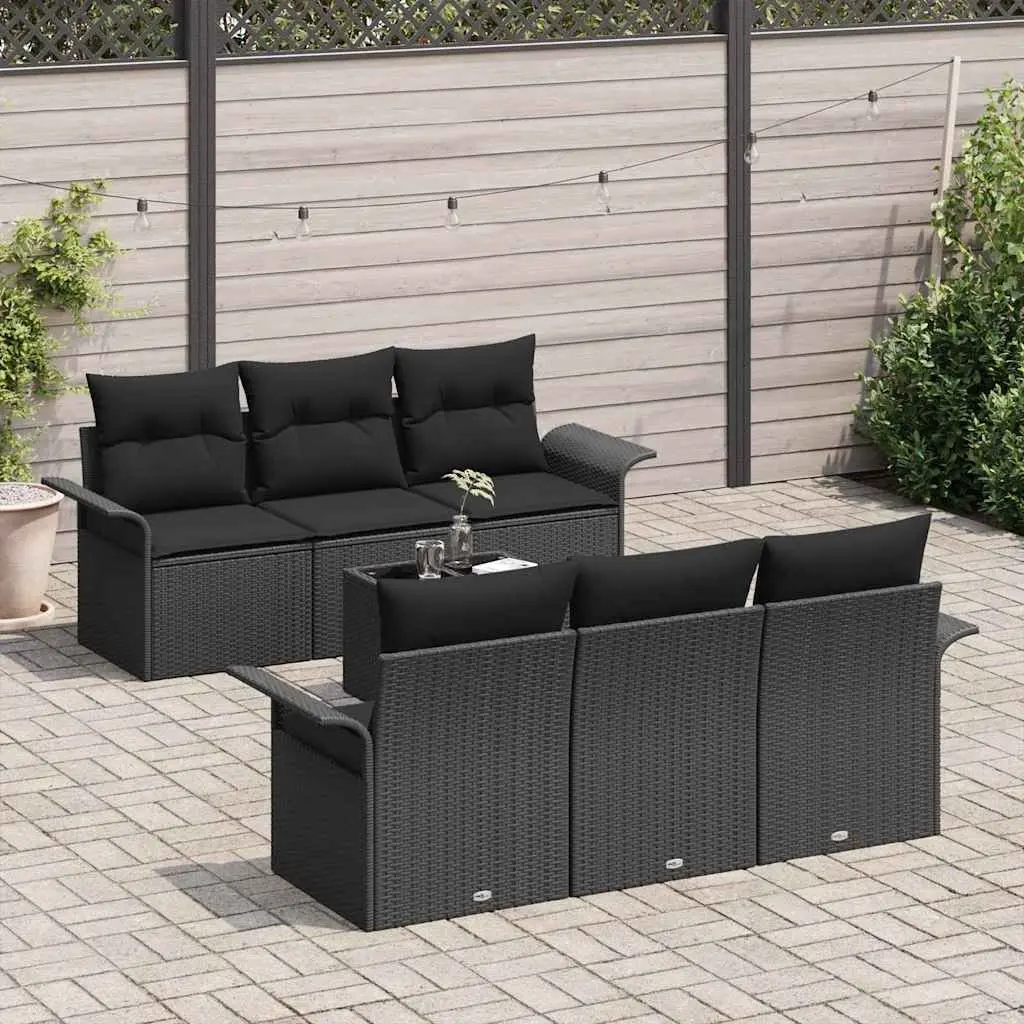 Modular Garden Sofa Set Poly Rattan Black 7 Piece with Glass Table
