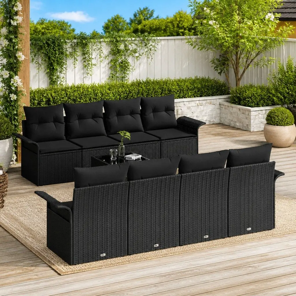 9-Piece Black Poly Rattan Modular Garden Sofa Set