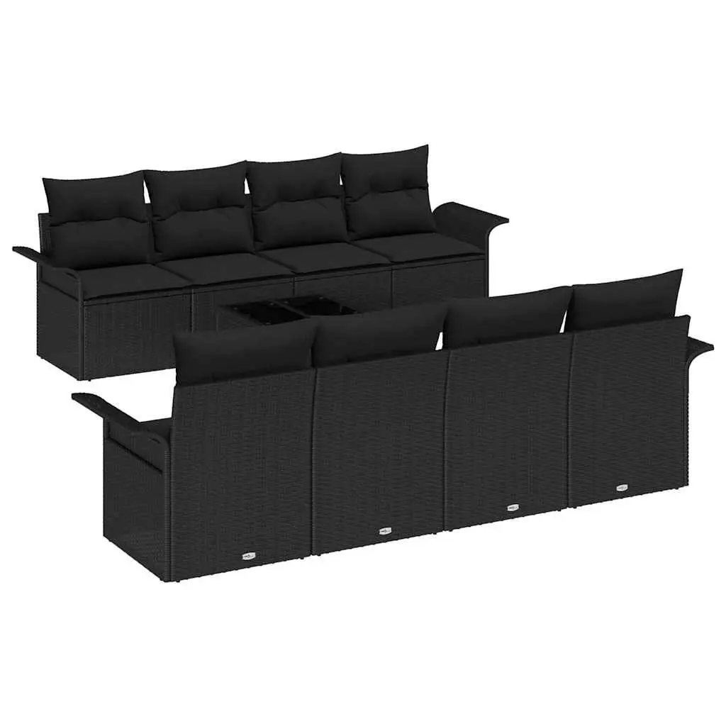 9-Piece Black Poly Rattan Modular Garden Sofa Set