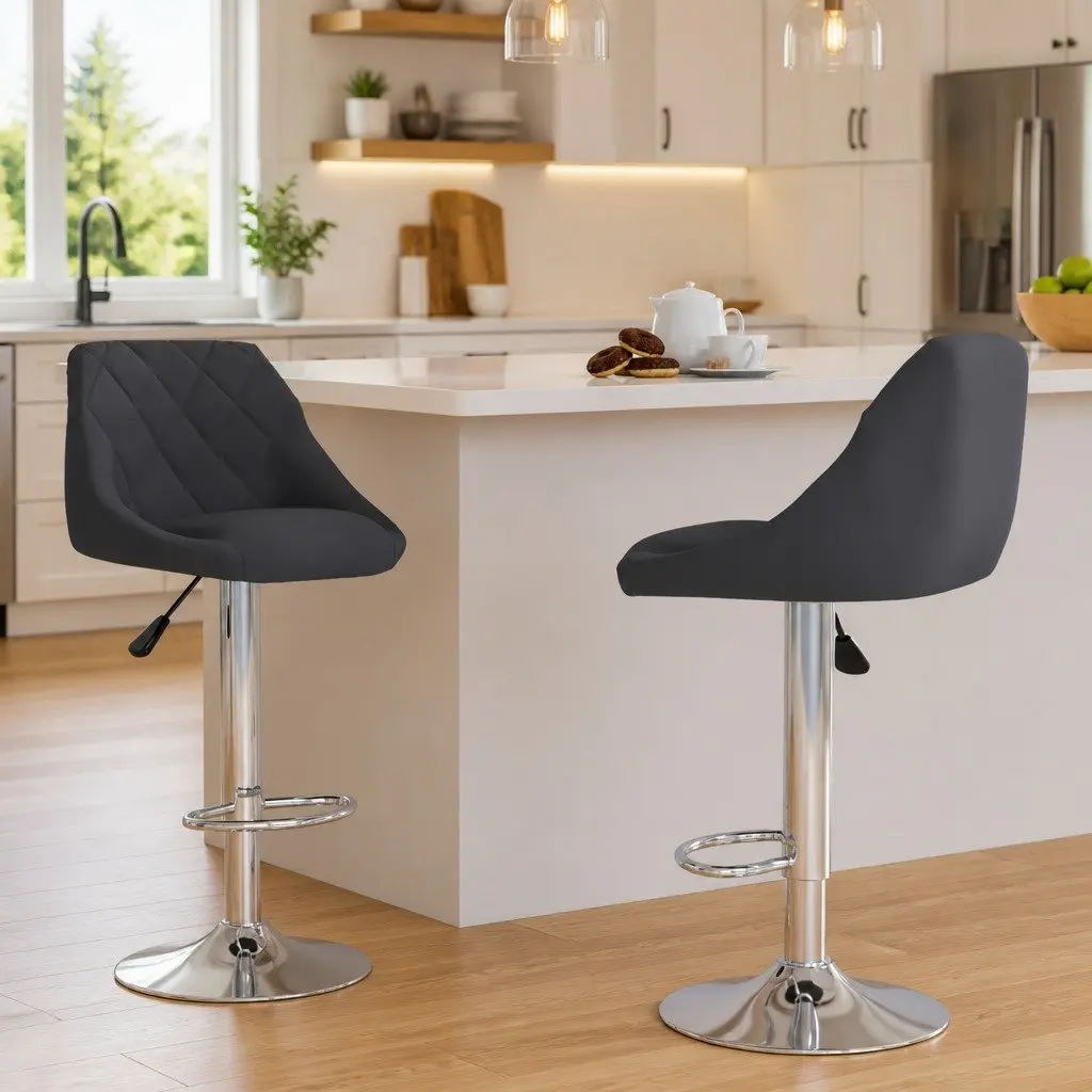 Bar Stools Velvet Grey 2 Piece Adjustable Height Swivel Chromed Steel