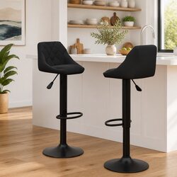 Set of 2 Adjustable Black Velvet Bar Stools with Footrest