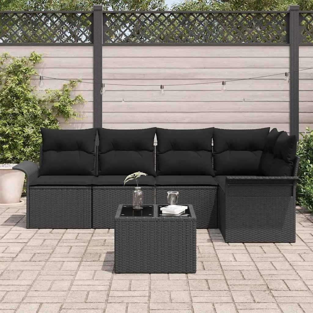 6-Piece Black Poly Rattan Modular Garden Sofa Set