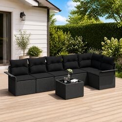 Modular 7-Piece Black Poly Rattan Outdoor Sofa Set