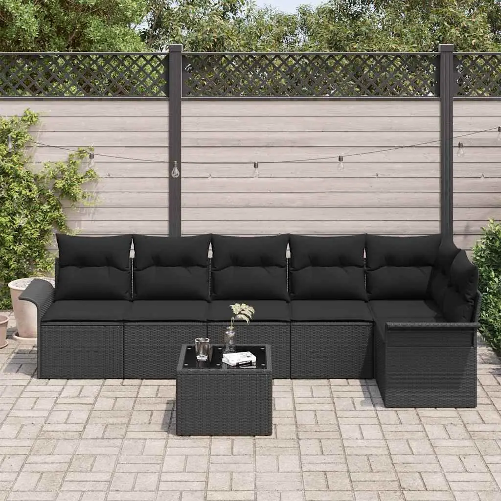 Modular 7-Piece Black Poly Rattan Outdoor Sofa Set