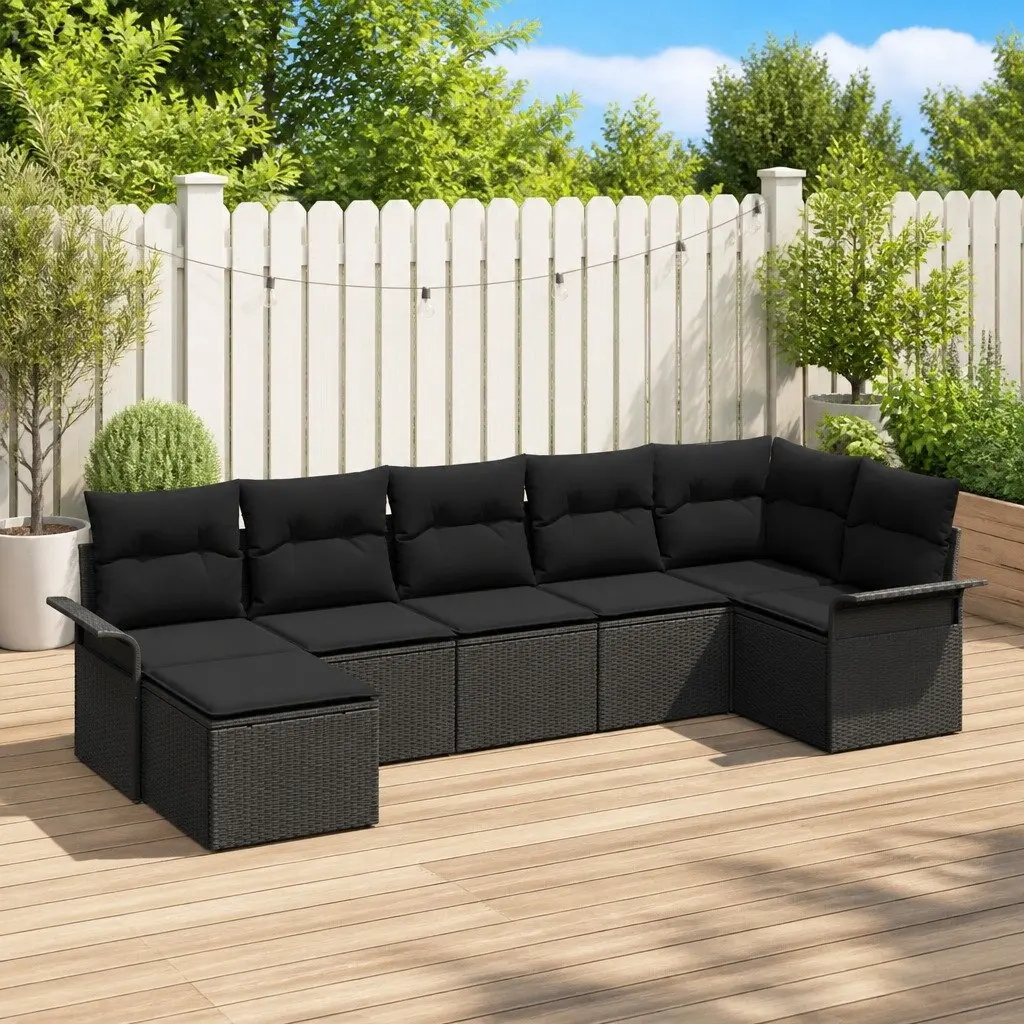 7-Piece Black Poly Rattan Modular Sofa Set