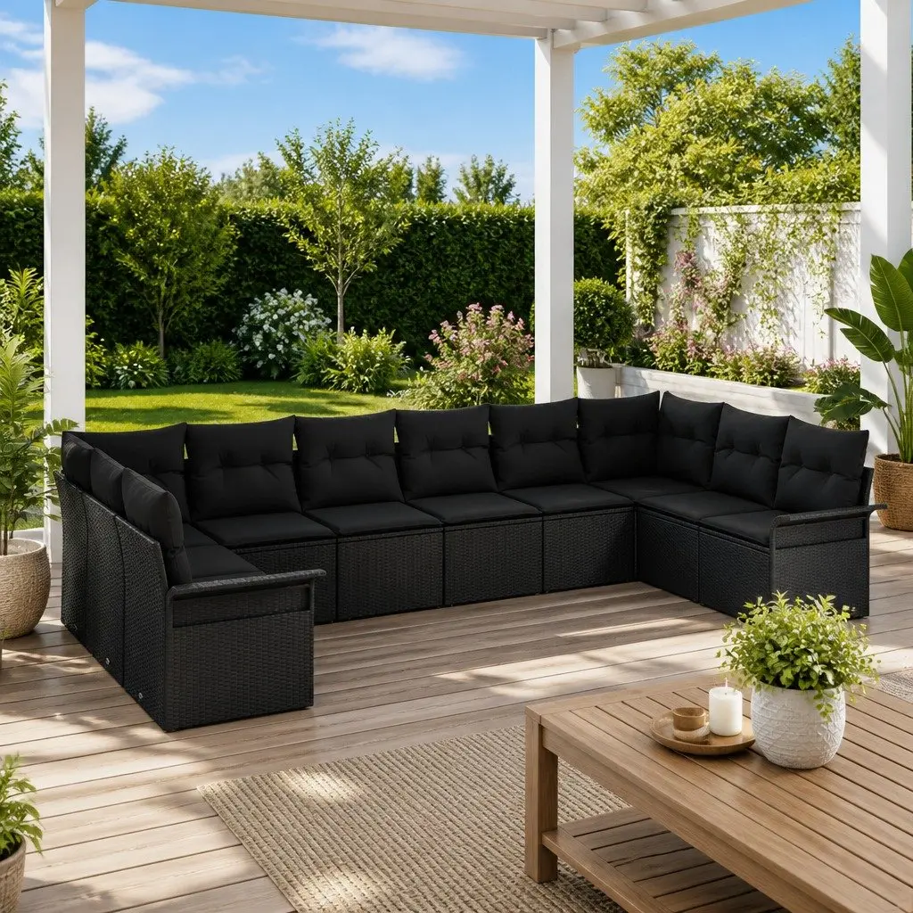 10-Piece Black Poly Rattan Garden Sofa Set