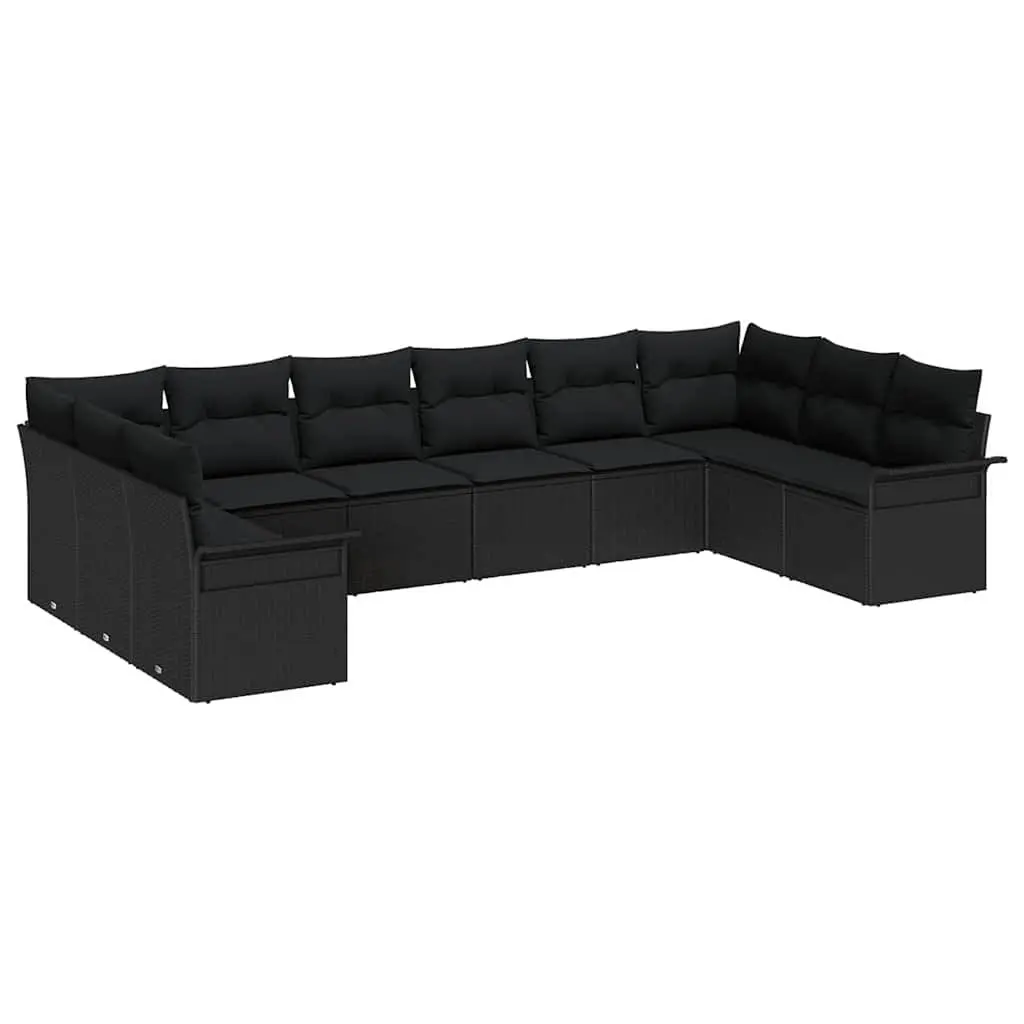10-Piece Black Poly Rattan Garden Sofa Set