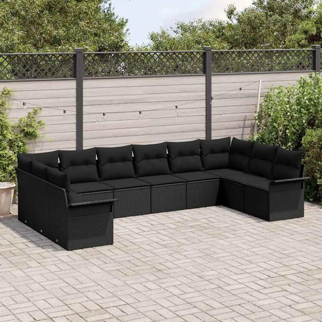 10-Piece Black Poly Rattan Garden Sofa Set