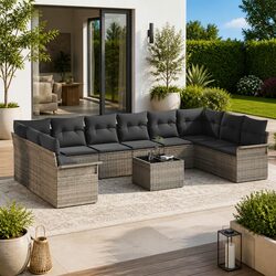 11-Piece Outdoor Patio Sofa Set in Grey Poly Rattan