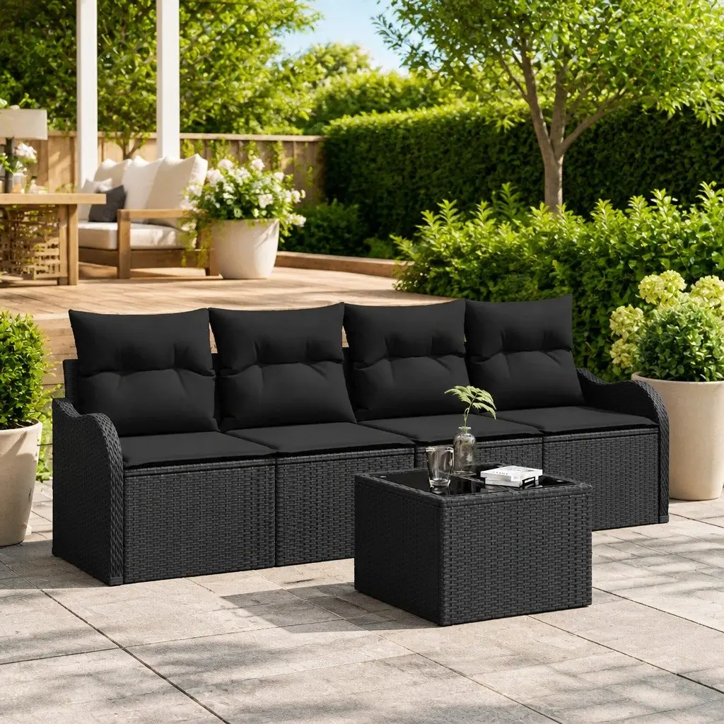 5 Piece Modular Black Poly Rattan Outdoor Sofa Set