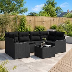7-Piece Black Poly Rattan Outdoor Sofa Set with Glass Table