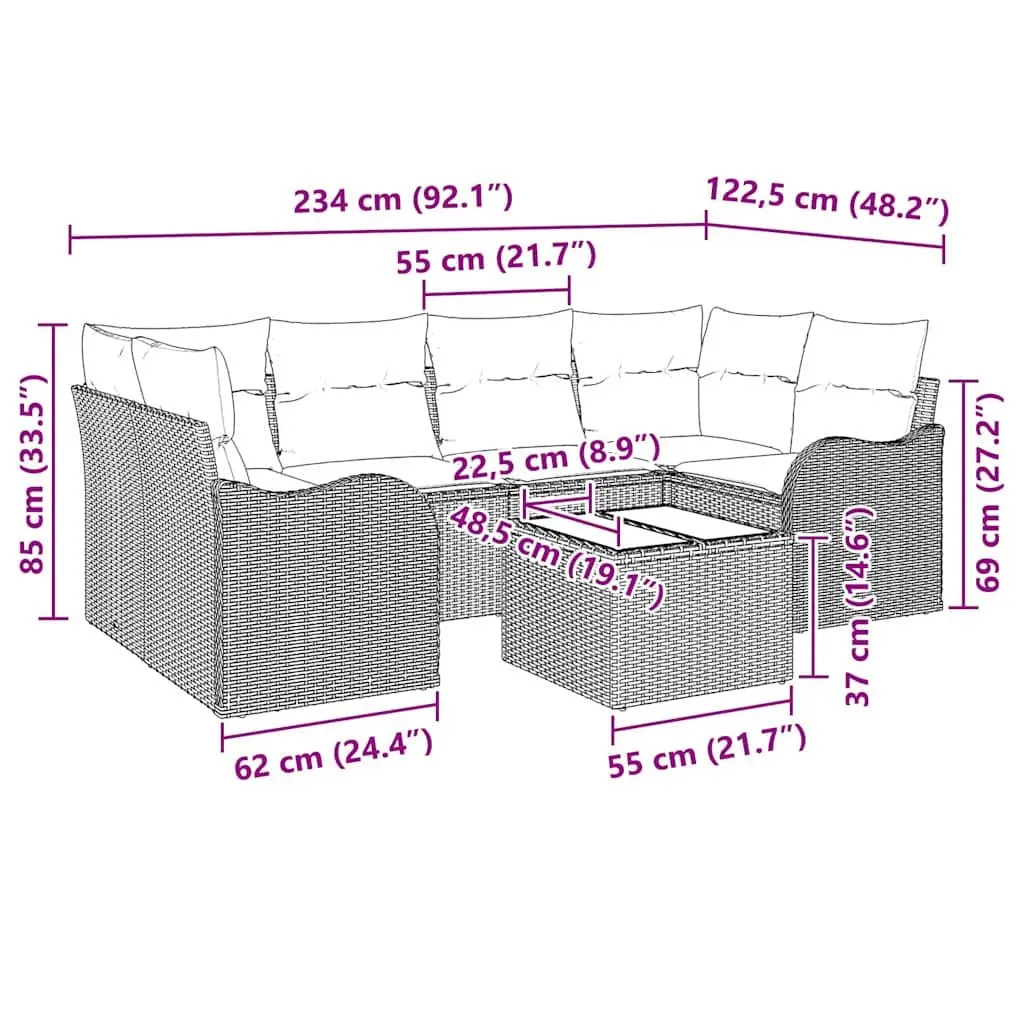 Outdoor Garden Sofa Set Poly Rattan Steel Glass Table 7 Piece Black