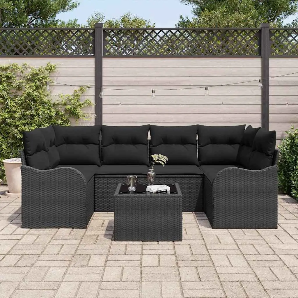 Outdoor Garden Sofa Set Poly Rattan Steel Glass Table 7 Piece Black