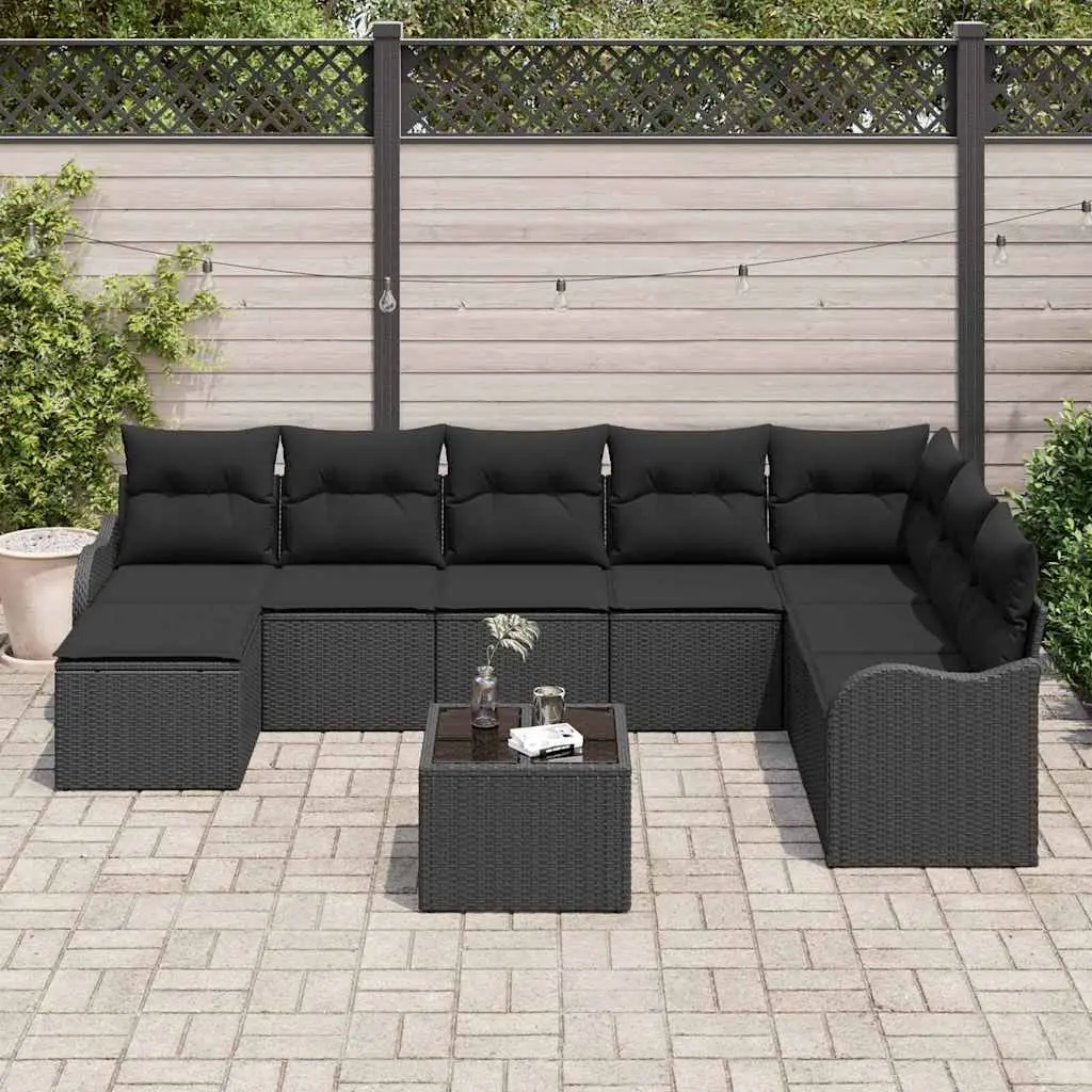 Modular Garden Sofa Set 9 Piece Outdoor Furniture Black Poly Rattan Cushions