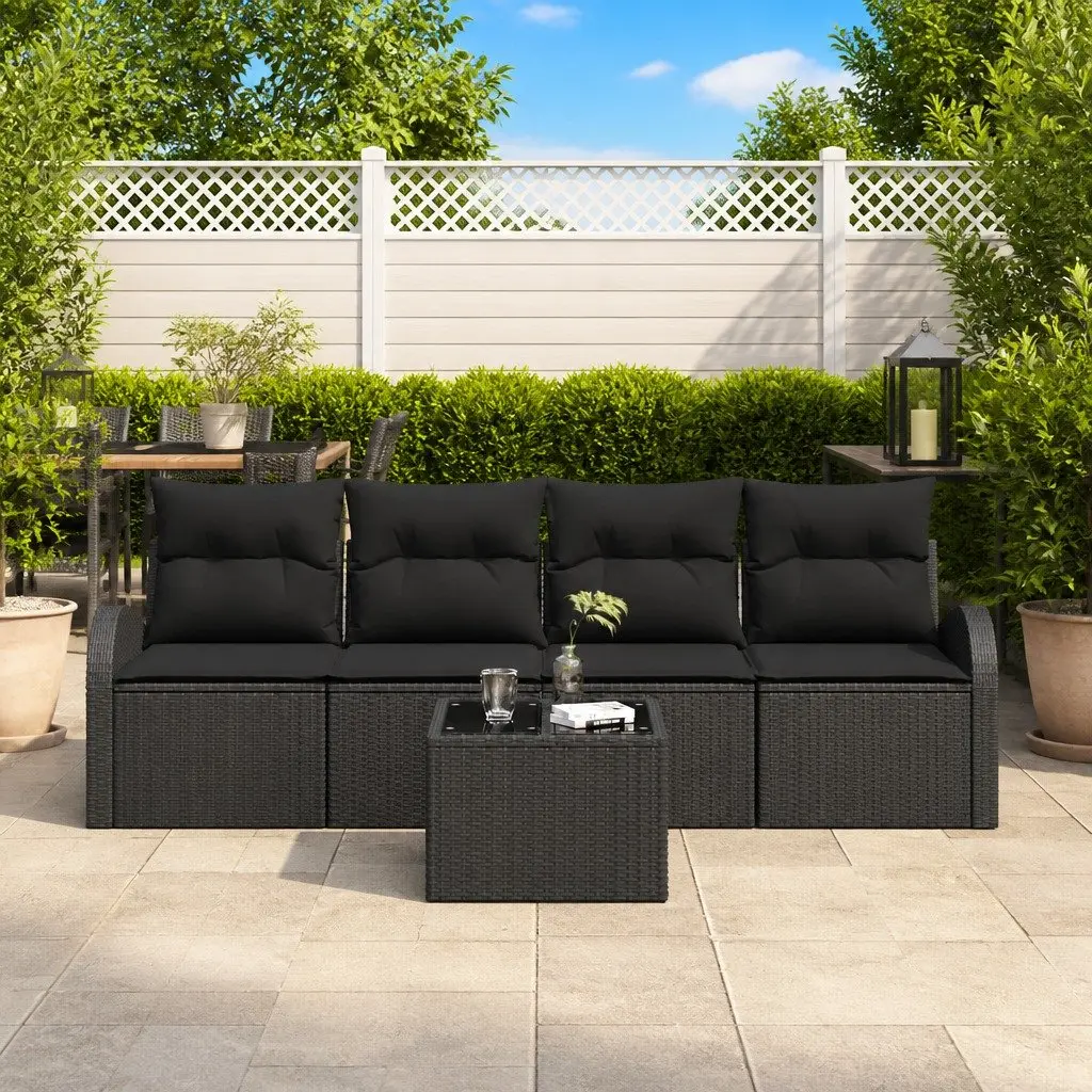 Black Modular Rattan Sofa Set 5 Pieces with Storage