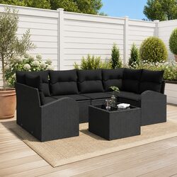 7-Piece Modular Black Poly Rattan Garden Sofa Set