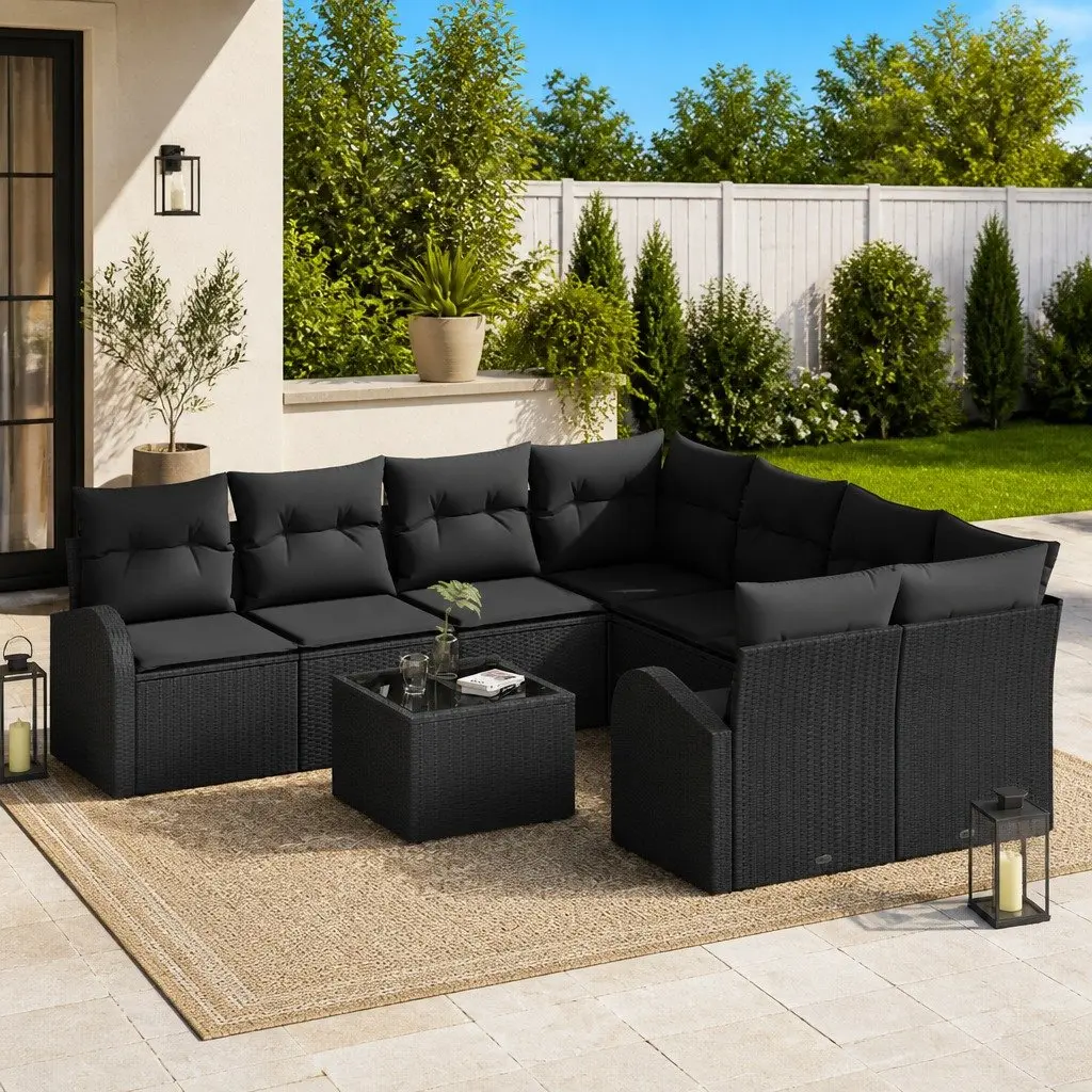 Outdoor Sofa Set Poly Rattan 9 Pieces Black Modular Garden Seating with Storage