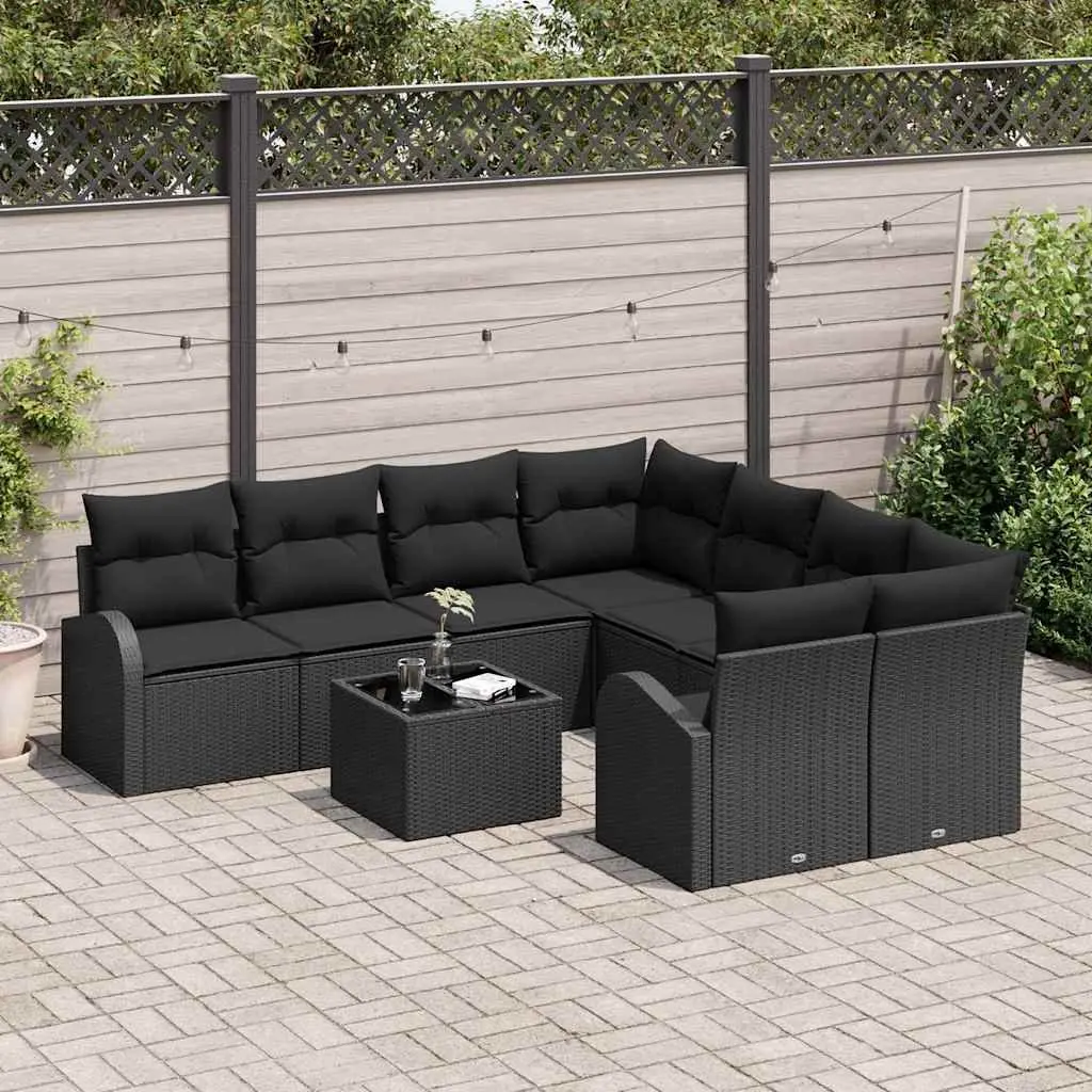 Outdoor Sofa Set Poly Rattan 9 Pieces Black Modular Garden Seating with Storage