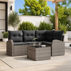 5-Piece Grey Poly Rattan Garden Sofa Set with Cushions