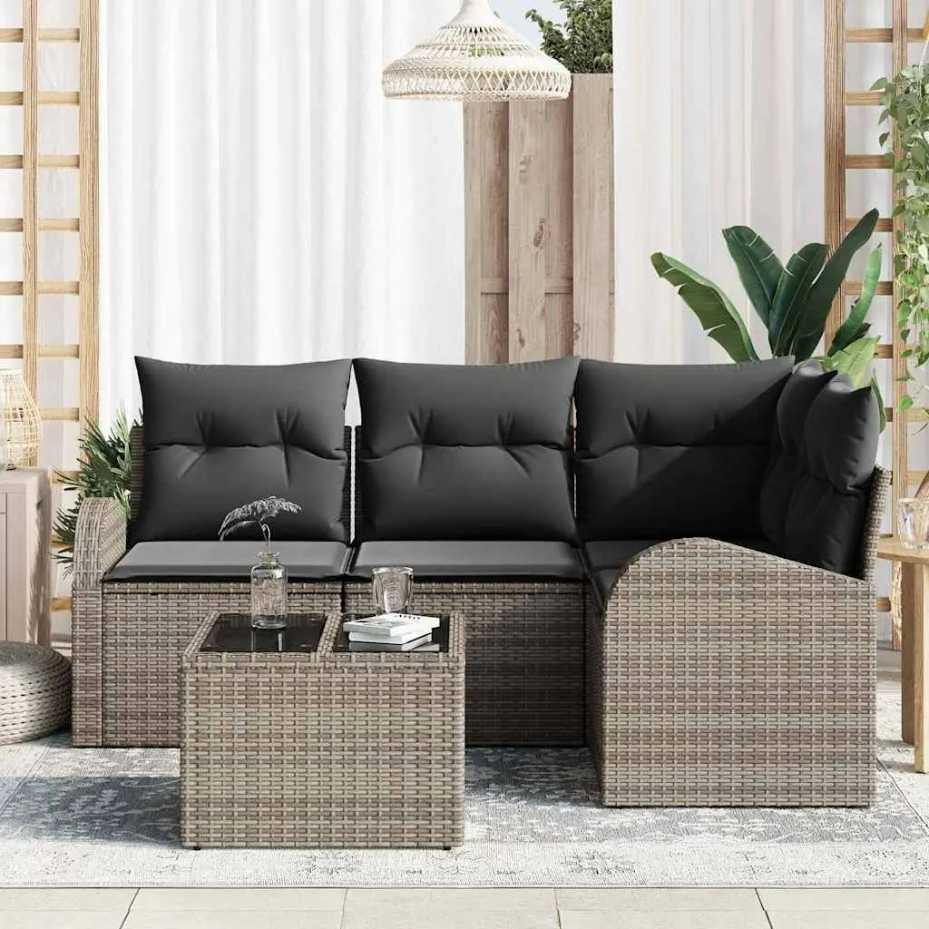 5-Piece Grey Poly Rattan Garden Sofa Set with Cushions