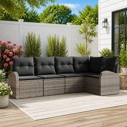 5-Piece Grey Poly Rattan Garden Sofa Set for Outdoors