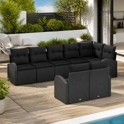 Modular 8-Piece Black Poly Rattan Garden Sofa Set